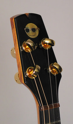 This photo shows the headstock of Mandonator 12 with the smiley face inlay