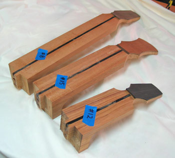 Necks for instruments 8, 12, and 15 prior to fingerboard