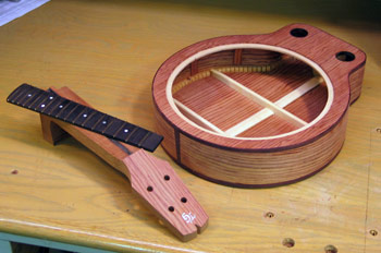 Photo of Mandonator 10 showing the body with binding, the neck, and separate fingerboard